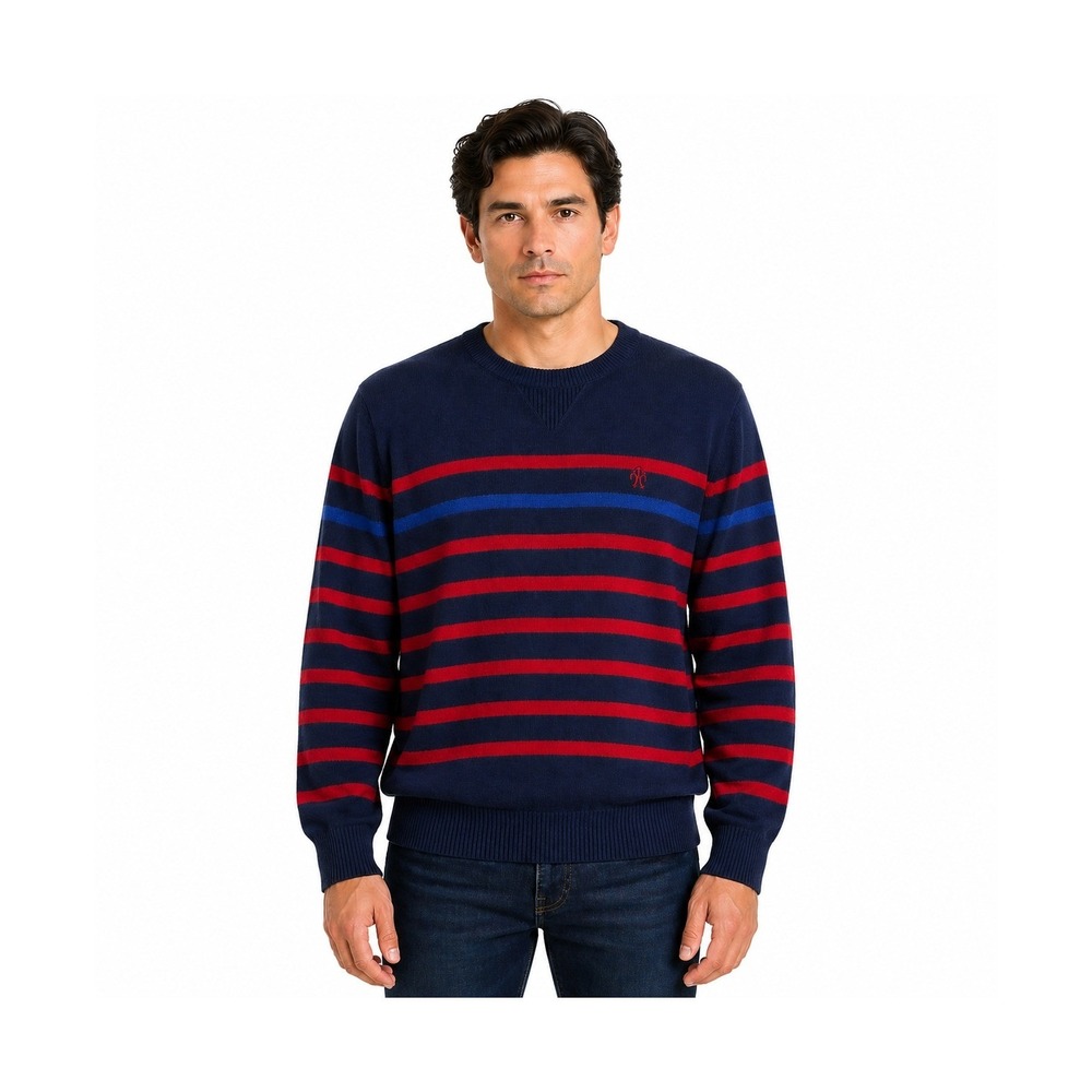 Stafford Prep‎ Mens XL Navy Blue Striped Cotton Crew Neck Sweater Lion Crest